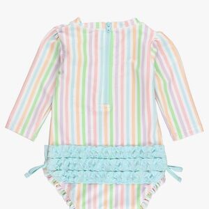 NWT- RuffleButts Pale Rainbow Stripe Long Sleeve One Piece Rash Guard - 3-6m